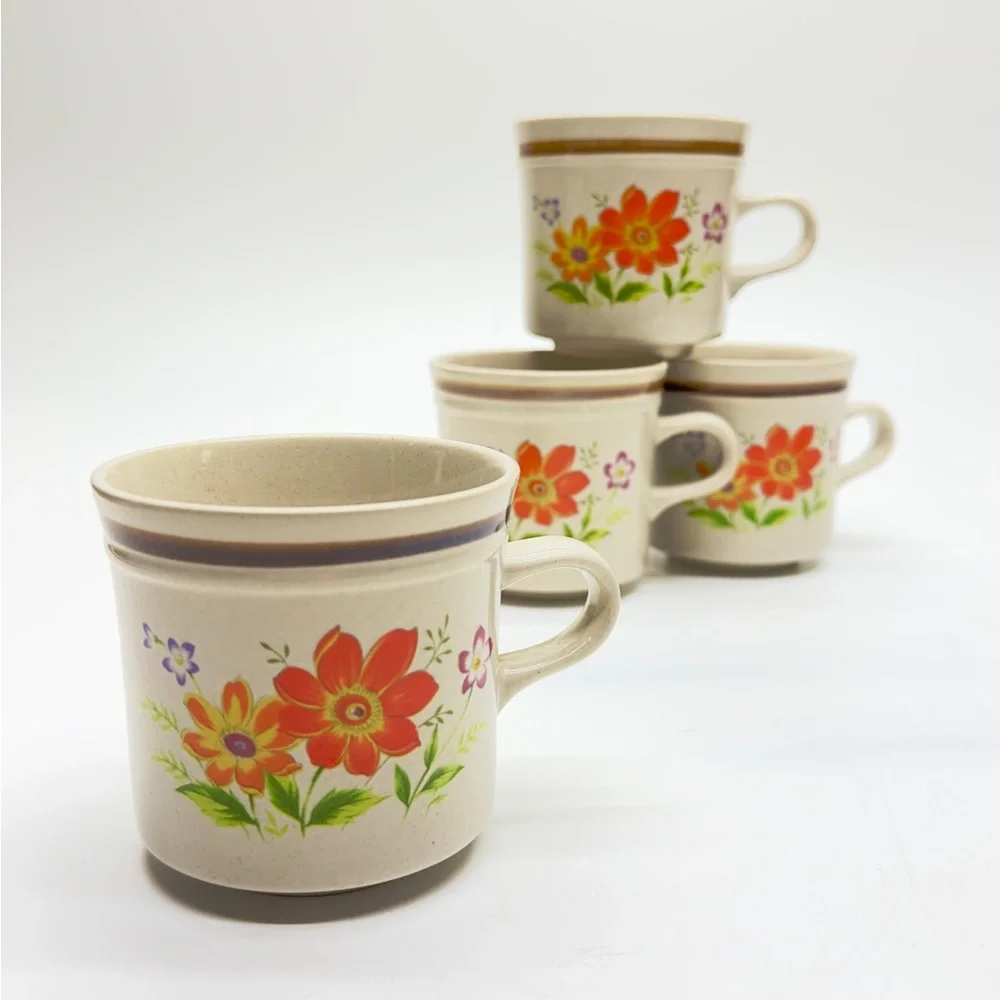 Mikasa Cream and Orange Floral Coffee Cups / Mugs Set of 4 Stonecraft KA103 - Picture 1 of 8